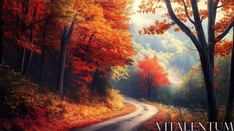 Winding Forest Road Through Autumn Foliage with Dramatic Golden Lighting.