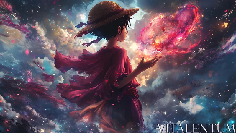 Anime boy in straw hat studies glowing nebula heart shape