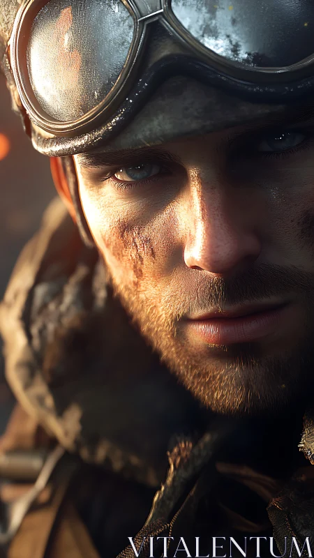 Battle-worn soldier portrait with goggles and focused gaze.