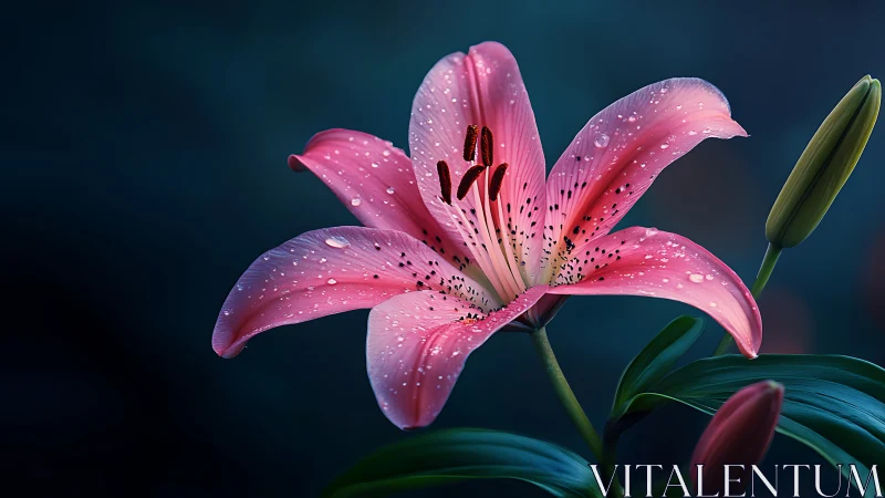 Macro close-up of dewy pink lily blossom against dark bokeh
