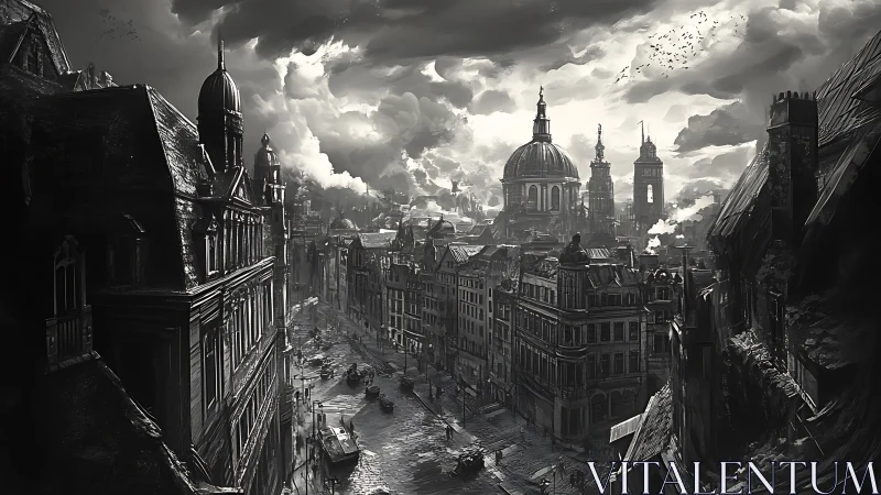 Storm-brooding steampunk metropolis beneath cathedral domes.