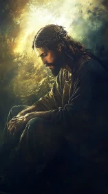 Gentle, sorrowful man bows his head in quiet golden light