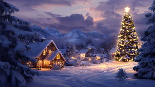 Digital painting of alpine Christmas village under twilight snow.