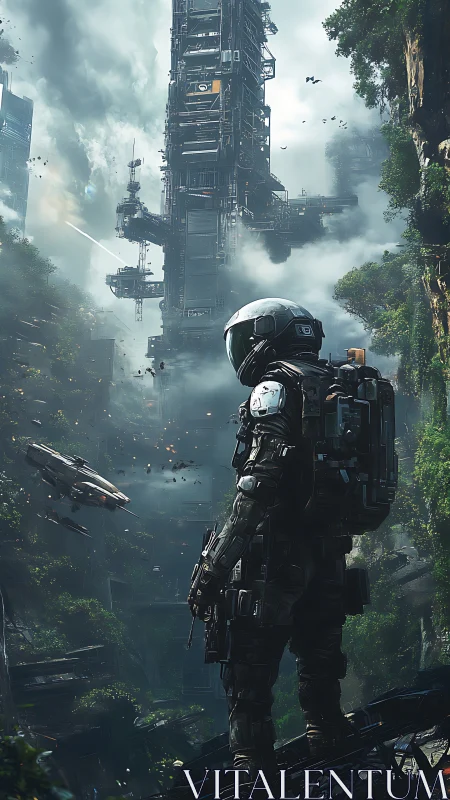 Armored explorer facing towering sci fi jungle structure.