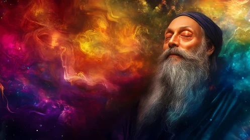 Mystic elder in cosmic nebula meditation portrait.