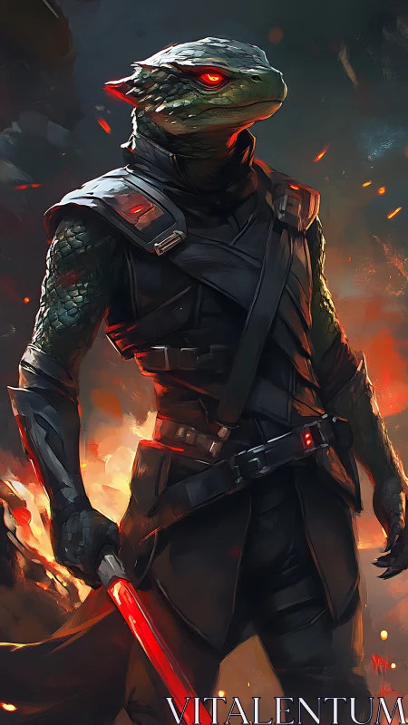 Reptilian warrior in black armor with red energy blade.
