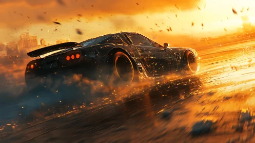 Sunlit supercar drifts through blazing cityside storm.