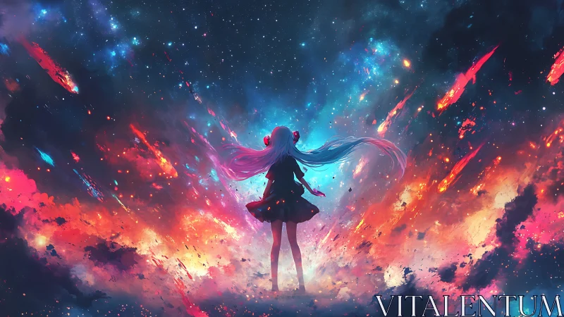 Starlit anime girl stands amid exploding cosmic nebulae.