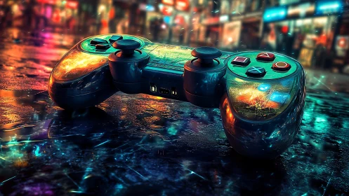 Neon game controller on wet cyberpunk city street.
