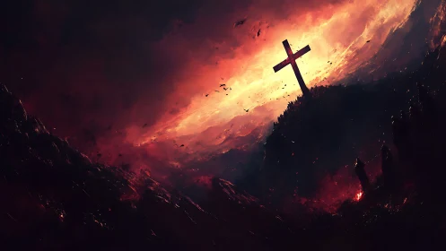 Cross on burning horizon dominates storm-lit infernal valley.