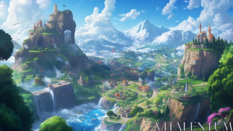 Sky-brushed kingdoms drift between waterfalls and white peaks