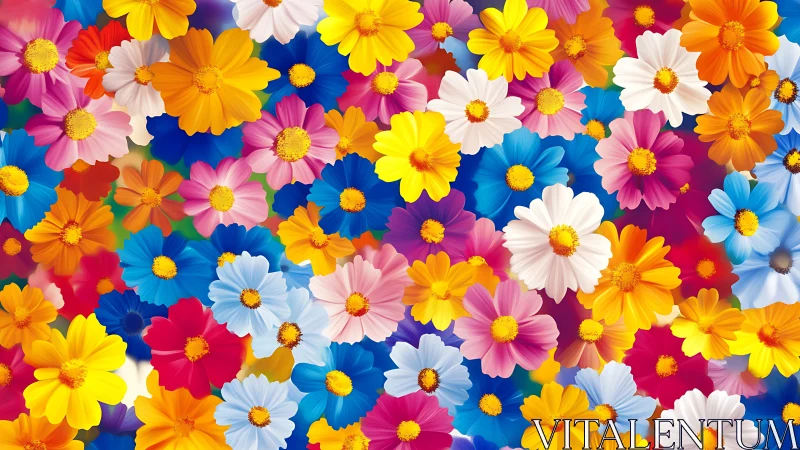 Vibrant Cosmos Daisy Pattern with Rainbow Color Distribution.