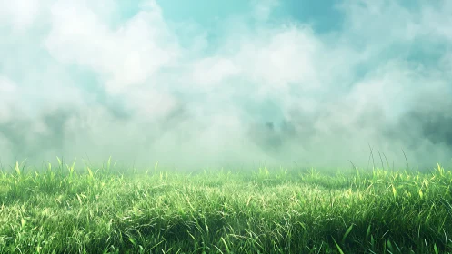 Foggy green grass field sits under bright turquoise sky