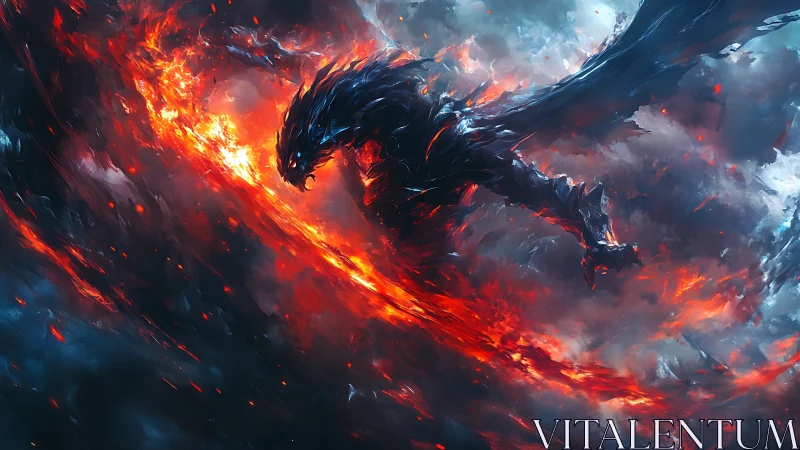 Fire dragon silhouette spirals through molten storm clouds
