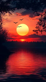 Radiant crimson sunset over tranquil lake in digital realism