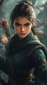 Forest rogue archer with storm-bright eyes in mid-hunt.