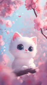 White Kitten Among Cherry Blossoms in Soft Pink Light.