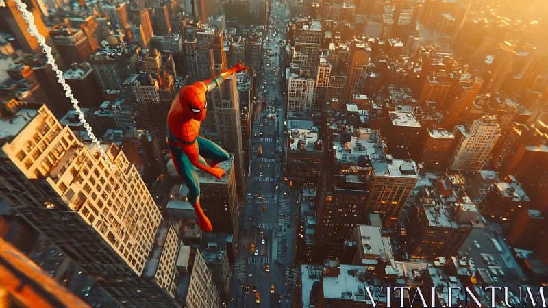 Friendly web-swinging hero soaring above sunset city streets.