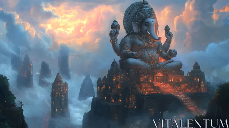 Colossal seated deity statue dominates illuminated mountain city