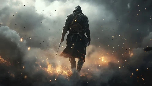 Lone hooded warrior advancing through burning battlefield.