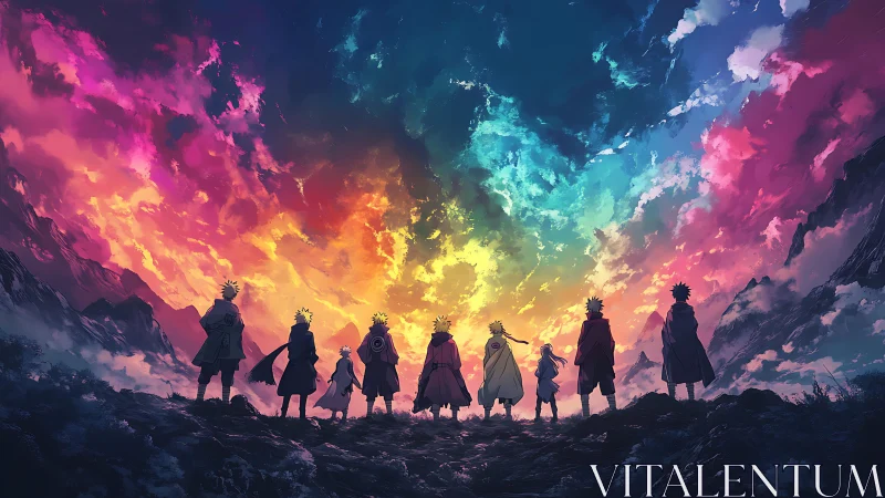 Silhouetted figures stand before multicolored clouded sky