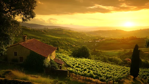 Golden vineyard light leans gently across a hillside cottage