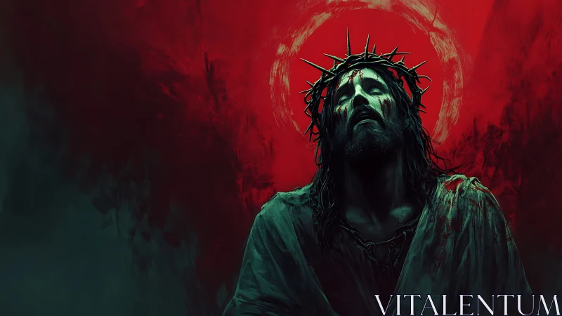 Solemn crowned figure bathed in deep red and shadowed light.