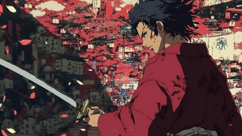 Samurai in red kimono grips drawn katana before abstract wall