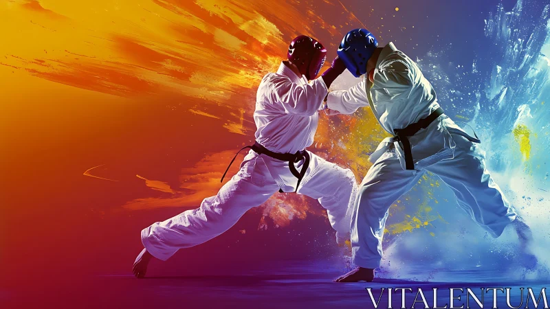 Karate fighters clash amid explosive color gradients.
