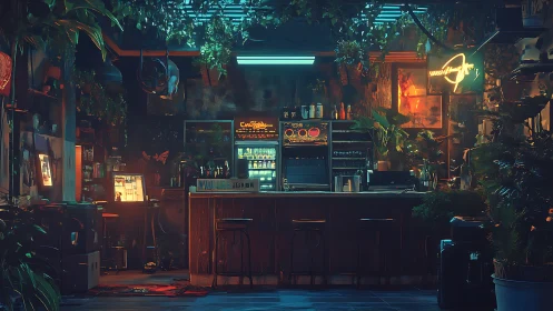 Neon-lit urban bar glows softly amid lush hanging greenery