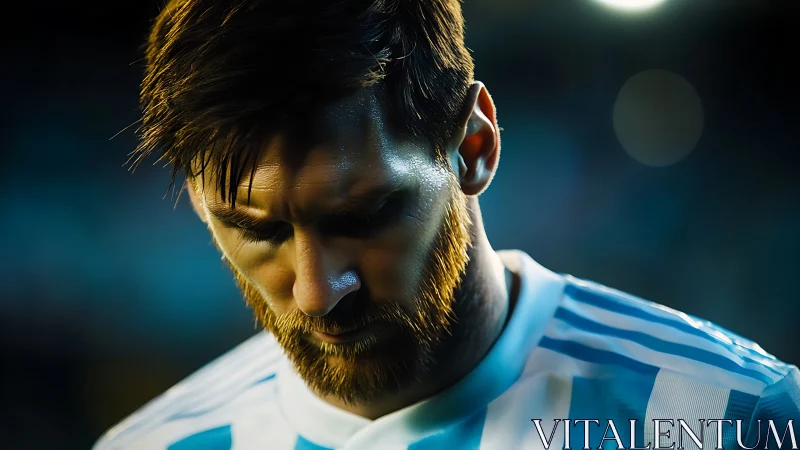 Stadium close-up of contemplative footballer under spotlights.