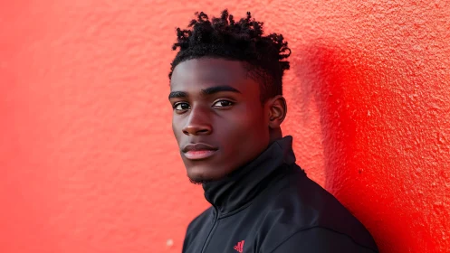 Portrait of man in black jacket against textured red wall.