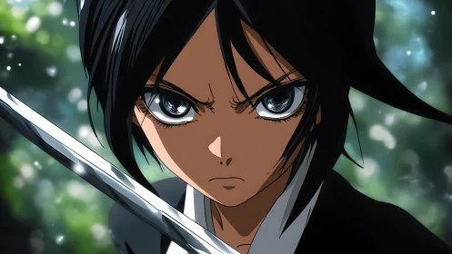 Steely eyed swordswoman locks gaze in a tense forest standoff.