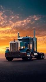 Sunset-lit long nose semi-tractor on open asphalt roadway