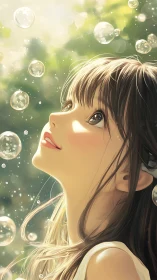 Sunlit anime portrait studies luminous bubbles and soft bokeh
