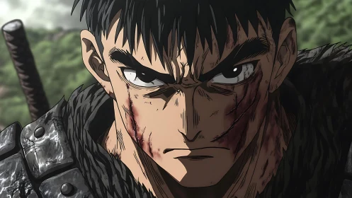 Animated warrior character with facial scars stares forward