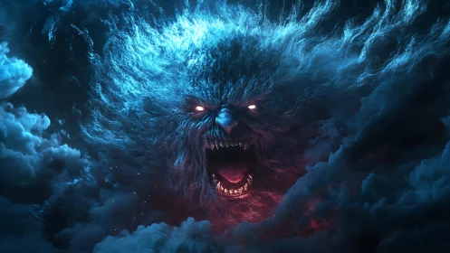 Cosmic storm beast emerging from turbulent blue nebula clouds