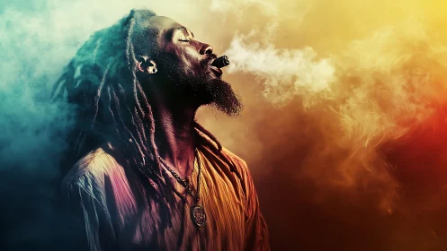 Man exhales smoke amid vivid orange and teal haze backdrop.