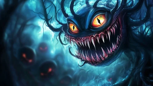 Grinning nightmare wraith with lantern eyes in frostblue fog.