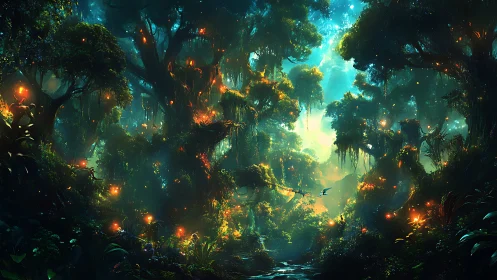 Bioluminescent Forest Sanctuary: Digital Painting.