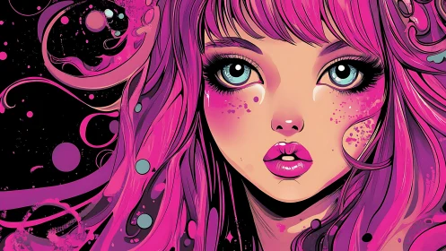 Neon-eyed dream girl adrift in pink cosmic currents.