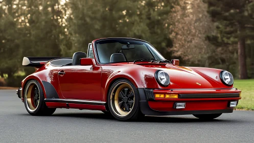 Sunlit red classic convertible poised for relaxed cruising.