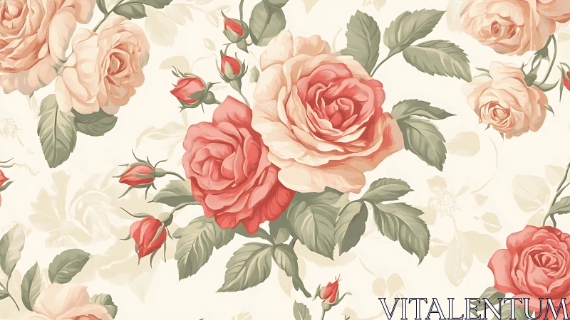 Vintage rose floral pattern with soft pastel leaves.