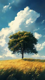 Solitary deciduous tree on sunlit wheat field under cumulus sky