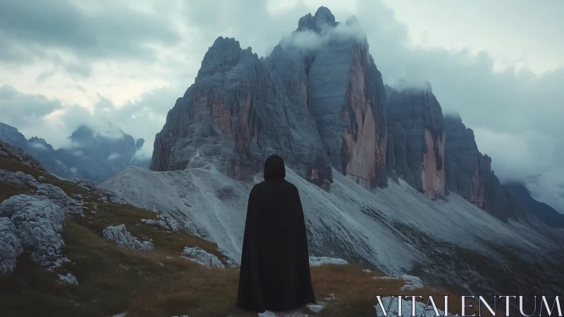 Cloaked wanderer beneath towering misty alpine cliffs.