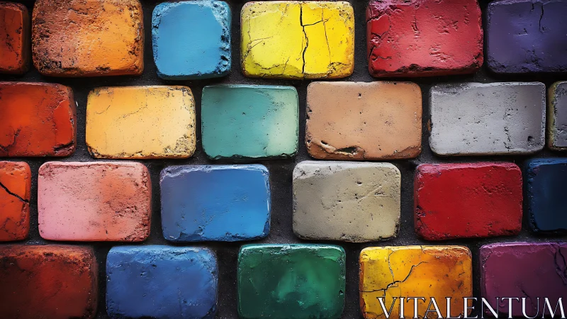 Colorful worn bricks arranged in a tight rectangular grid.