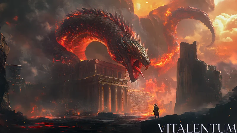 Colossal lava serpent over ruins confronting lone figure.