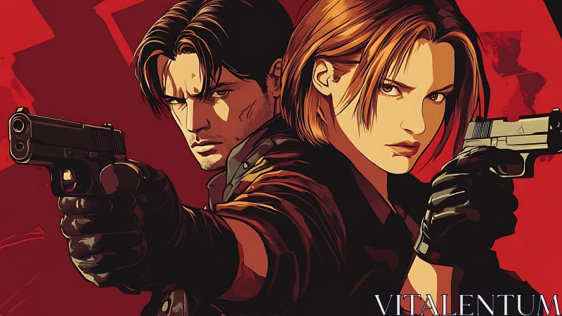 Armed duo stand back to back in bold red graphic tension