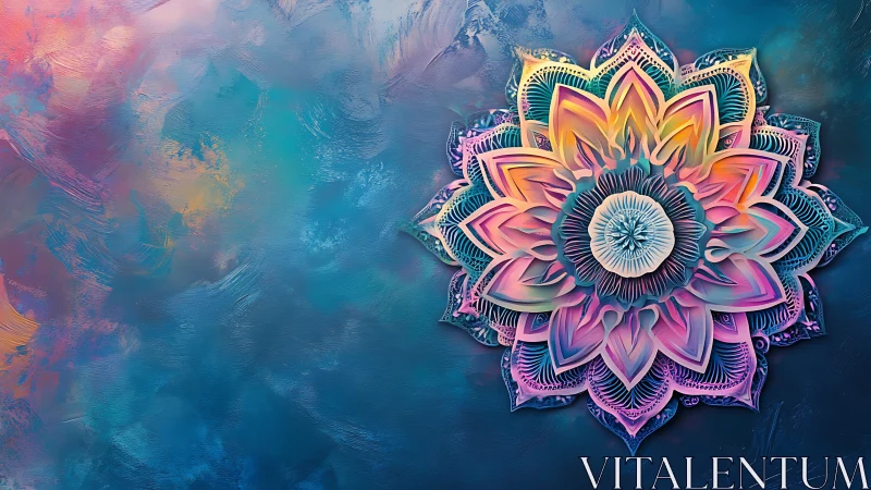 Radial multicolor mandala over textured teal gradient background