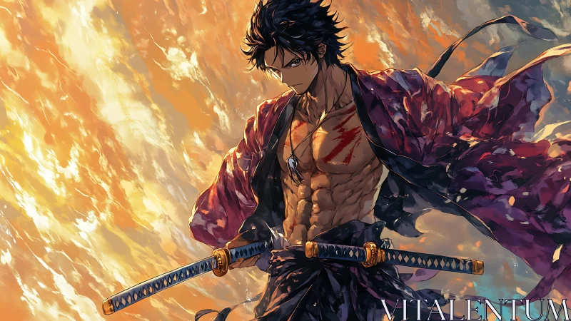 Stormlit samurai duelist with twin katanas and torn haori.